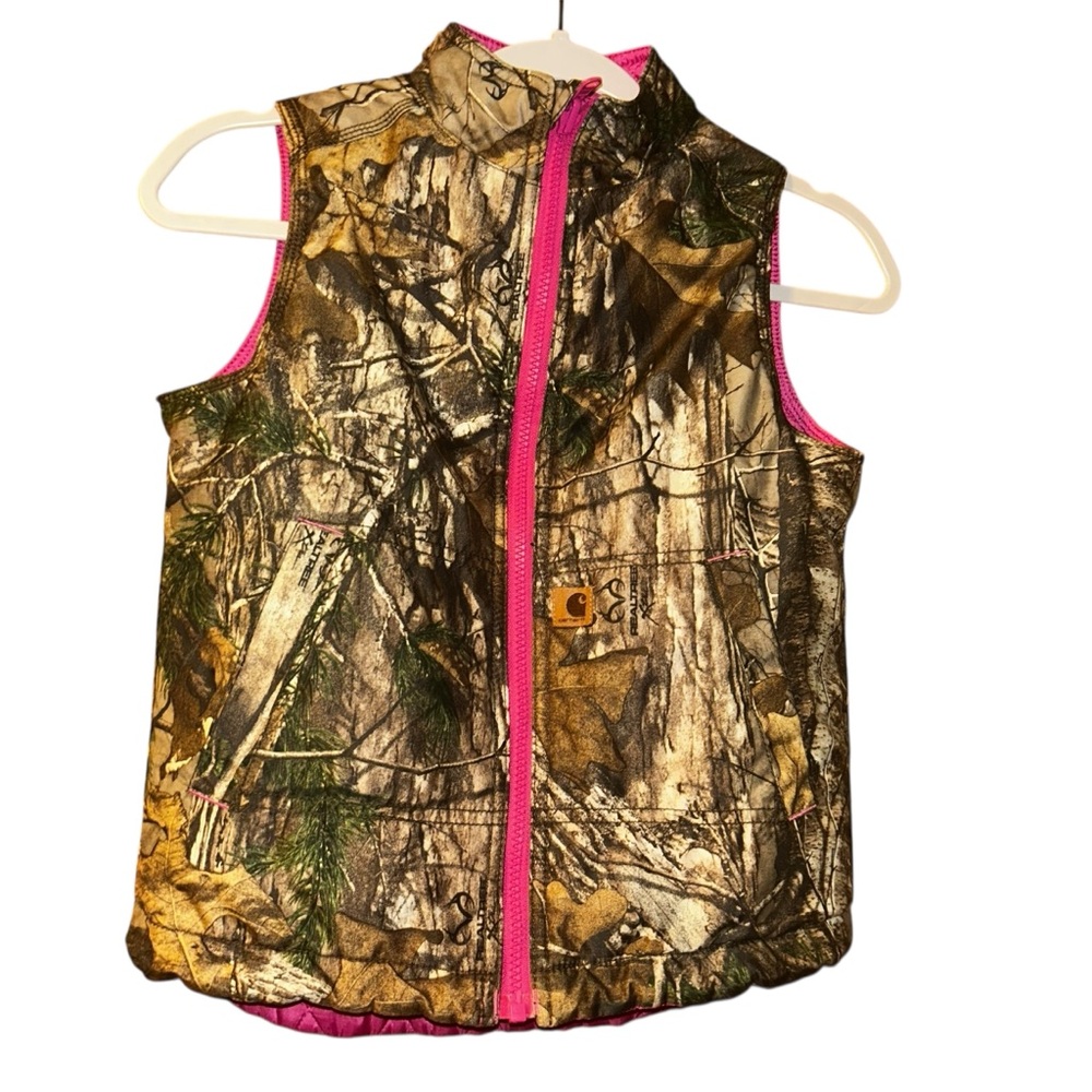 Carhartt girls camo realtree reversible pink quilt vest small 7/8 kids